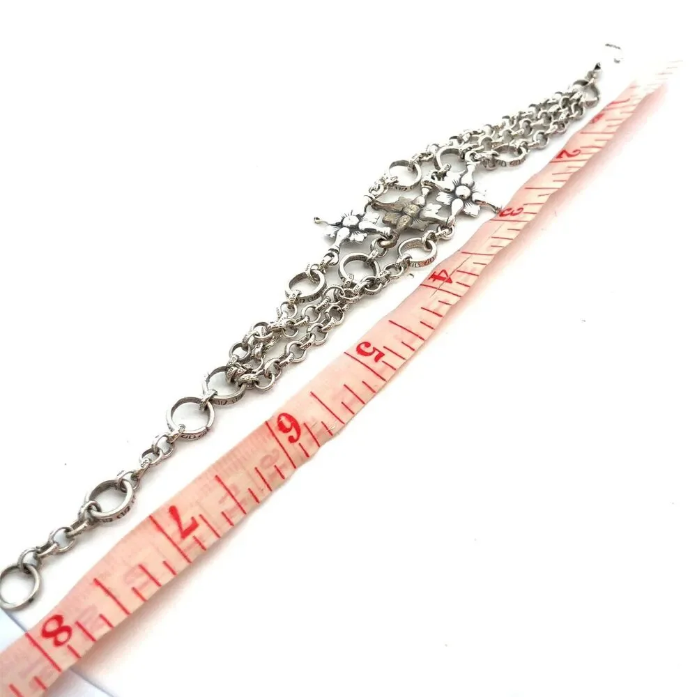 925 Sterling Silver Textured Floral Multi Strand Layered Chain Bracelet - Picture 8 of 8
